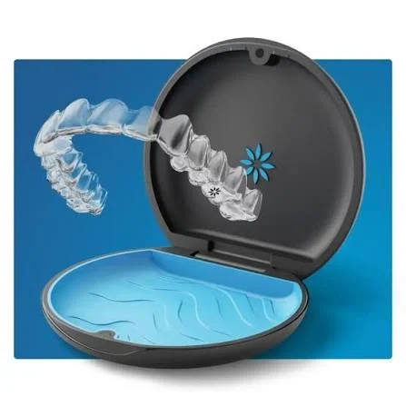 Invisalign clear aligners stored in a protective case