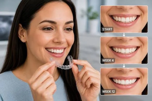 Adult holding a clear Invisalign aligner beside staged smile progress images